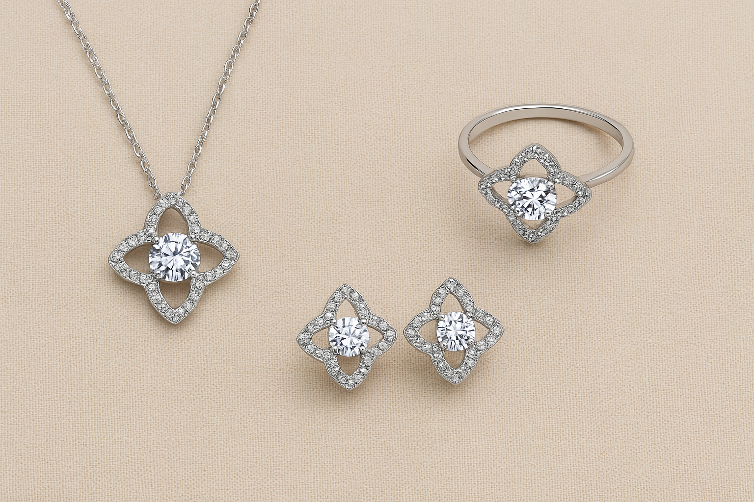 Parrure Fleur de Lumière - Collier, Bague & Boucles (Argent925)