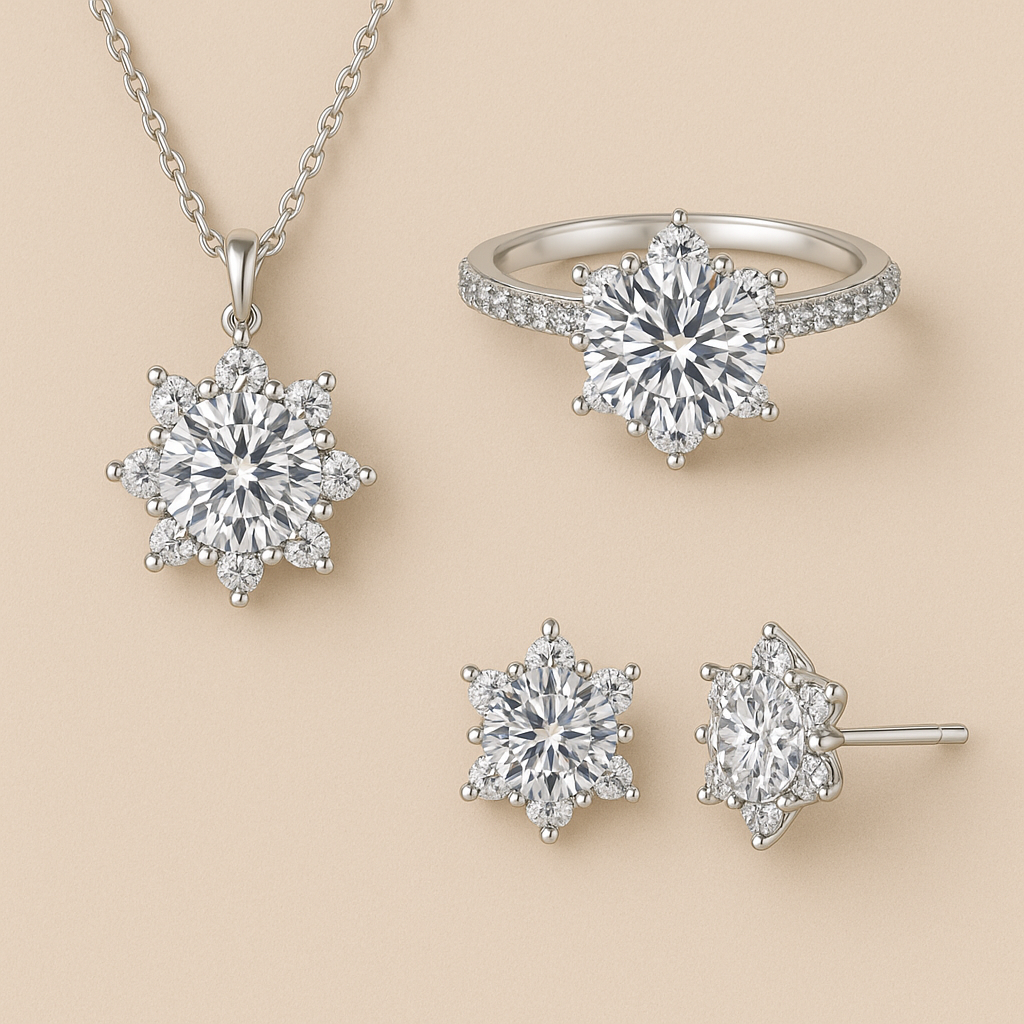 Parure Complète Éclat Stellaire – Collier, Bague & Boucles (Argent 925)
