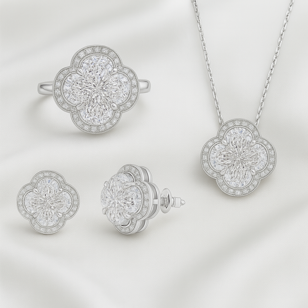 Parure Complète Jardin de Lumière – Collier, Bague & Boucles
